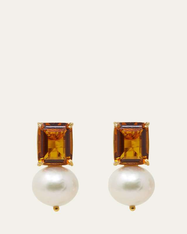 Yellow Gold Citrine Quartz and Freshwater Pearl Earrings